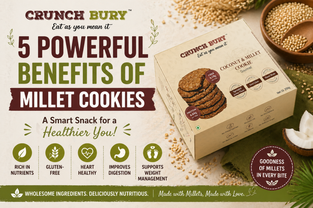 A delicious stack of golden millet cookies on a rustic plate, showcasing a healthy and wholesome snack option packed with nutrients.