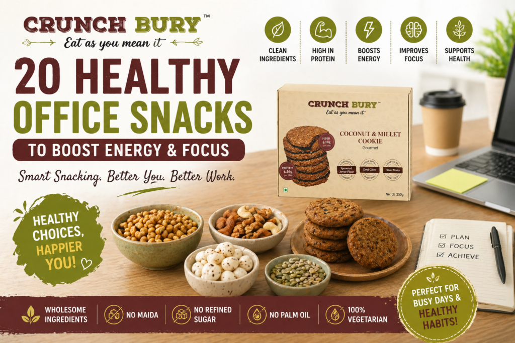 Featured image showing Crunchbury healthy office snacks including millet cookies, makhana, nuts, and seeds, highlighting energy-boosting and focus-improving benefits for workplace snacking.