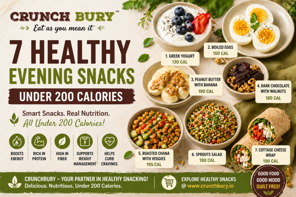Healthy evening snacks under 200 calories including fruits, nuts, and light homemade bites arranged beautifully for a nutritious snack idea