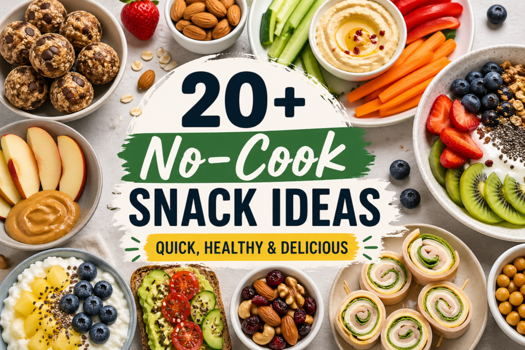 A variety of colorful no-cook snacks including fruits, nuts, energy bites, yogurt bowls, and healthy ready-to-eat treats arranged beautifully on a table